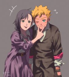 1boy 1girl ariamikukanzaki black_gloves black_jacket blonde_hair blue_eyes boruto:_two_blue_vortex bow bowtie braid coat commentary diagonal-striped_bow diagonal-striped_bowtie diagonal-striped_clothes facial_mark fingersmile flying_sweatdrops gloves grey_background high-waist_skirt hunched_over jacket kakei_sumire naruto_(series) one_eye_closed pleated_skirt purple_coat purple_skirt scar scar_across_eye scar_on_face skirt sleeves_rolled_up striped_clothes tongue tongue_out twitter_username uzumaki_boruto v-shaped_eyebrows whisker_markings