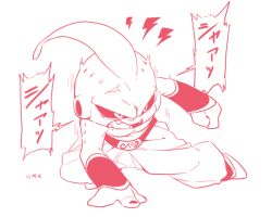 1boy anger_vein angry antennae black_nails bracer colored_sclera commentary dragon_ball dragonball_z fighting_stance full_body hole_on_body kid_buu lightning_bolt_symbol lineart looking_to_the_side majin_buu male_focus no_eyebrows open_mouth pants pectorals sharp_teeth shirtless_male shoes simple_background solo speech_bubble teeth topless_male translation_request upper_teeth_only