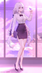 1girl alternate_costume artist_name bare_legs blurry blurry_background book bow bowtie breasts bug butterfly butterfly_on_hand castorice_(honkai:_star_rail) closed_mouth collared_shirt full_body hand_up high_heels highres holding holding_book honkai:_star_rail honkai_(series) indoors insect large_breasts legs long_hair long_sleeves missing_commentary nail_polish office_lady paid_reward_available pencil_skirt pointy_ears pumps purple_bow purple_bowtie purple_butterfly purple_eyes purple_hair purple_nails purple_pupils purple_shoes purple_skirt shirt shoes sidelocks skirt smile solo standing very_long_hair white_shirt yunkaiming