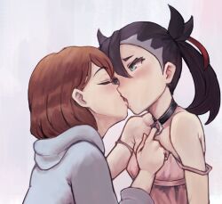 2girls black_collar black_hair blush brown_hair cardigan closed_eyes collar collar_tug commentary double_strap_slip dress english_commentary eyelashes gloria_(pokemon) green_eyes grey_cardigan hair_ribbon hood hood_down hooded_cardigan jack_rockhardt kiss looking_at_another marnie_(pokemon) multiple_girls nintendo pink_dress pokemon pokemon_swsh red_ribbon ribbon short_hair yuri