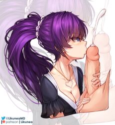 1boy 1girl artist_name bakemonogatari black_dress blue_eyes breasts cleavage collarbone commentary cropped_torso cum dress ejaculation english_commentary fellatio frilled_sleeves frills hair_ornament hair_over_one_eye hair_scrunchie heart heart_necklace hetero jewelry kissing_penis large_penis likunea long_hair medium_breasts monogatari_(series) necklace oral out_of_frame paid_reward_available patreon_logo patreon_username penis ponytail projectile_cum purple_hair scrunchie senjougahara_hitagi sidelocks solo_focus twitter_logo twitter_username uncensored zoom_layer