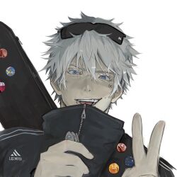 1boy absurdres artist_name blue_eyes blur_(band) eyelashes eyewear_on_head face_piercing fangs foo_fighters_(band) gojou_satoru guitar_case highres instrument_case jacket jujutsu_kaisen korn_(band) leimiruu limp_bizkit lip_piercing looking_at_viewer male_focus mouth_piercing open_mouth pearl_jam piercing plectrum portrait short_hair simple_background smile solo teeth the_offspring tongue tongue_piercing track_jacket v white_background white_hair