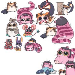 :3 absurdres ahoge animal animal_hands animalization bird blue_fur bow bowtie cat chattino_(raora_panthera) chibi chibi_only chinchilla_(animal) commentary cookie dumpling english_commentary feathers food gigi_murin grey_cloak hakos_baelz hamster hat headpat highres holding holding_cookie holding_food holding_letter hololive letter licking_lips monja_(monja0521) motion_lines mouse_(animal) multiple_views nanashi_mumei nervous_sweating ninomae_ina&#039;nis notice_lines open_mouth owl pink_fur purple_fur raora_panthera ribbon scratching scratching_post simple_background sleeping smile spotted_fur sweat tail tail_ornament tail_ribbon tomato tongue tongue_out two-tone_fur virtual_youtuber whiskers white_background