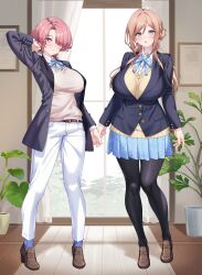 Rule 34 | 2girls, absurdres, arimura mao, arm up, belt, black jacket, black pantyhose, blazer, blue eyes, blue ribbon, blue skirt, blush, breasts, brown belt, brown hair, brown shoes, collared shirt, commentary request, full body, gakuen idolmaster, hatsuboshi gakuen school uniform, highres, himesaki rinami, idolmaster, indoors, jacket, large breasts, loafers, long hair, looking at viewer, multiple girls, neck ribbon, pants, pantyhose, pink hair, plant, potted plant, ribbon, school uniform, shirokuma a, shirt, shoes, skirt, standing, sweater, sweater under jacket, white pants, white shirt, yellow sweater