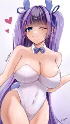 Rule 34 | 1girl, alternate hairstyle, animal ears, artist name, bare shoulders, black hair, blue eyes, breasts, cleavage, commentary request, covered navel, cowboy shot, fake animal ears, fake tail, goddess of victory: nikke, heart, highres, jien (nikke), leotard, long hair, looking at viewer, mole, mole under eye, multicolored hair, multiple moles, purple eyes, rabbit ears, rabbit tail, shupita, simple background, solo, tail, thighs, twintails, two-tone hair, very long hair, white background, white leotard