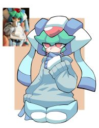 Rule 34 | 1girl, absurdres, brown background, cowboy shot, forehead jewel, grey hair, grey sweater, helmet, highres, hood, hooded sweater, mega man (series), mega man zx, model w (mega man), pandora (mega man), photo inset, pikaeevee13, red eyes, simple background, solo, sweater, white background, white helmet