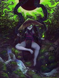 1girl bare_shoulders barefoot black_hair commentary_request darkness detached_sleeves fangs fantasy fireflies flat_chest full_body grass green_eyes grin hat highres long_hair looking_at_viewer original rice_hat skull smile solo stream taitannsouru teeth toes very_long_hair water
