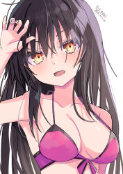 Rule 34 | 1girl, absurdres, akagi (kancolle), alternate costume, arm up, bare shoulders, bikini, black hair, breasts, choppy bangs, front-tie bikini top, front-tie top, highres, hizaka, kantai collection, long hair, looking at viewer, medium breasts, orange eyes, solo, swimsuit, twitter username, upper body
