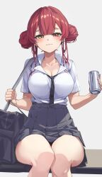1girl absurdres antenna_hair black_necktie black_skirt blush breasts cleavage closed_mouth collarbone heterochromia highres hololive houshou_marine houshou_marine_(school_uniform) large_breasts long_hair looking_at_viewer necktie pleated_skirt red_eyes red_hair reulem shirt short_sleeves sitting skirt smile smug solo thighs virtual_youtuber white_shirt yellow_eyes