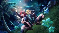 Rule 34 | 2girls, ankle socks, blonde hair, breasts, brown shoes, closed mouth, dolphin hair ornament, dolphin wave, flower, green eyes, hair intakes, highres, kazami ellen, large breasts, lydian academy school uniform, medium hair, multiple girls, necktie, night, night sky, non-web source, ocean, official art, on grass, one side up, ootomo takuji, open mouth, outdoors, palm tree, plaid clothes, plaid skirt, red eyes, red hair, red necktie, rock, sakimiya iruka, school uniform, senki zesshou symphogear, shirt, shoes, shooting star, sitting, skirt, sky, small breasts, smile, socks, star (sky), stargazing, starry sky, tree, twintails, white shirt