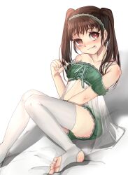 1girl absurdres babydoll bare_shoulders bed between_legs blush brown_hair closed_mouth collarbone eyelashes female_focus fingernails flat_chest foot_out_of_frame green_babydoll green_shorts hachikuji_mayoi hand_between_legs hand_up highres knees_together_feet_apart lingerie loli long_hair meemz_a monogatari_(series) naughty_face off_shoulder on_bed red_eyes shorts simple_background sitting solo stirrup_legwear strap_slip thighhighs toeless_legwear tongue tongue_out twintails underwear white_background white_thighhighs
