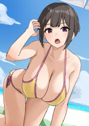 1girl all_fours bikini black_hair blue_sky breasts cleavage cloud collarbone commentary_request day highres open_mouth original outdoors purple_hair sawada_yuusuke short_hair side-tie_bikini_bottom sky solo swimsuit thighs tongue yellow_bikini