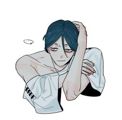 ... 1boy absurdres blue_hair closed_mouth commentary_request cropped_torso hair_between_eyes hand_on_own_arm hand_on_own_head hands_up highres maelo male_focus meguriya_ayumu off_shoulder shirt short_hair short_sleeves simple_background smile solo spoken_ellipsis toshi_densetsu_kaitai_center upper_body white_background white_eyes white_shirt