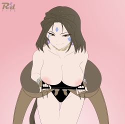 1girl aa_megami-sama absurdres bare_shoulders black_one-piece_swimsuit breasts brown_eyes brown_hair choker earrings facial_mark fingerless_gloves flashing forehead_mark gloves harness highres jewelry large_breasts leaning_forward long_hair looking_at_viewer nipples one-piece_swimsuit peorth_(aa_megami-sama) ponytail r3dfive reveal simple_background smirk swimsuit