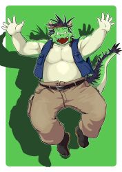 1boy absurdres arms_up belly blue_hair blue_vest brown_pants commentary_request dragon_boy dragon_horns dragon_tail fangs fat furry furry_male green_background hachimaki headband highres horns jumping looking_at_viewer male_focus morenatsu nejiri_hachimaki open_hands open_mouth pants shadow smile tail takichizento tatsuki_midoriya vest