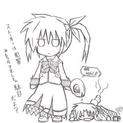 Rule 34 | 00s, 2girls, fate testarossa, greyscale, lowres, lyrical nanoha, mahou shoujo lyrical nanoha, monochrome, multiple girls, raising heart, sketch, takamachi nanoha, translated, white devil