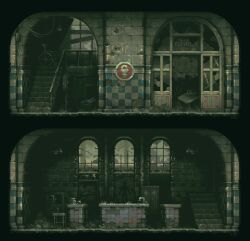 abandoned boarded_windows brick_wall broken_window ceiling_light contra_bonos dollhouse_view entrance faucet grey_theme indoors jar multiple_views muted_color no_humans original pixel_art scenery sign silhouette stairs tile_wall tiles tree wheelchair window