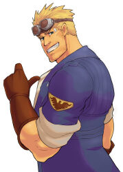 1boy bandaid bandaid_on_face bara beard_stubble blonde_hair blue_jacket brown_gloves cid_highwind commentary_request facial_hair final_fantasy final_fantasy_vii final_fantasy_vii_rebirth final_fantasy_vii_remake gloves goggles goggles_on_head grin jacket leather leather_gloves looking_at_viewer magnum_feering male_focus muscular muscular_male pointing pointing_at_self shirt sleeves_rolled_up smile spiked_hair stubble white_background white_shirt