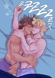 2boys battle_tendency blonde_hair boxers brown_hair caesar_anthonio_zeppeli delichuu facial_mark hand_on_another&#039;s_hip highres jojo_no_kimyou_na_bouken joseph_joestar joseph_joestar_(young) male_focus male_underwear multiple_boys on_bed sleeping snoring twitching underwear yaoi