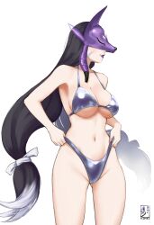 1girl alternate_costume artist_logo bare_shoulders bikini black_hair breasts cleavage closed_mouth collarbone commentary covered_eyes cowboy_shot digimon digimon_(creature) facial_mark facing_to_the_side fox_mask gluteal_fold gradient_hair grey_hair groin highleg highleg_bikini highres kimeitsune kimeitsune kuzuhamon large_breasts logo long_hair low-tied_long_hair low_twintails makeup mask multicolored_hair navel profile purple_lips purple_mask silver_bikini simple_background solo standing stomach swimsuit twintails very_long_hair white_background