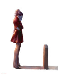 1girl artist_name closed_eyes colored_skin commentary earrings female_focus flower from_side full_body grave hand_on_own_face hand_up highres holding holding_flower jacket jewelry long_hair miguel_mercado overwatch overwatch_1 pants purple_hair purple_skin red_flower red_jacket red_rose rose sad shadow shoes simple_background solo standing stud_earrings tombstone white_background widowmaker_(overwatch)