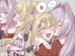 2girls 88_9 ^_^ anger_vein biting biting_cheek blonde_hair blush closed_eyes commentary eyewear_on_head green_eyes hair_intakes heart highres honkai_(series) honkai_impact_3rd hug jacket multiple_girls open_mouth purple_eyes red_jacket smile songque songque_(astralop) spoken_anger_vein spoken_heart t_t thelema_nutriscu thelema_nutriscu_(mad_pleasure:_shadowbringer) translation_request two_side_up white_hair yuri
