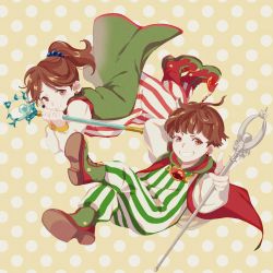 1boy 1girl brother_and_sister brown_hair cape closed_mouth earrings final_fantasy final_fantasy_iv highres jewelry looking_at_viewer medium_hair open_mouth palom ponytail porom siblings smile staff twins yawai_tofu