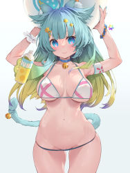 1girl animal_ears aqua_hair aqua_nails arms_up ball bikini blonde_hair blue_background blue_hair blunt_bangs bottle breasts cat_ears cat_tail closed_mouth gradient_background gradient_hair highres holding holding_ball indie_virtual_youtuber lanmewko large_breasts long_hair looking_at_viewer lowleg lowleg_bikini multicolored_hair nail_polish navel solo sweat swimsuit tail virtual_youtuber waterring