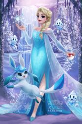 1girl blue_dress creatures_(company) crossover disney dress elsa_(frozen) frozen_(disney) game_freak gen_4_pokemon gen_5_pokemon glaceon highres holding holding_poke_ball nintendo poke_ball pokemon pokemon_(creature) tsaoshin vanillite