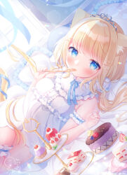 1girl animal_ear_fluff animal_ears arm_garter bare_shoulders blonde_hair blue_eyes blush cake cake_slice cat_ears cat_girl center_frills commentary_request cowboy_shot cupcake dated dutch_angle fish_hair_ornament food fork frilled_thigh_strap frills gold_fork hair_ornament hairclip highres holding holding_fork indoors long_hair looking_at_viewer lying omochi_monaka on_back original pillow plate pom_pom_(clothes) pom_pom_hair_ornament signature solo strawberry_cake sunlight thigh_strap tiara tiered_tray twintails very_long_hair white_negligee window x_hair_ornament