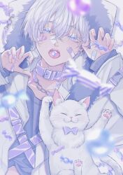 1boy absurdres bandaid bandaid_on_cheek bandaid_on_face bandaid_on_finger bandaid_on_hand bandaid_on_neck belt belt_collar black_shirt blue_eyes blurry blurry_foreground bow bowtie candy cat clothes_pull collar collarbone colored_eyelashes commentary fangs fingernails food food_in_mouth fur-trimmed_jacket fur_trim hair_between_eyes highres jacket jewelry looking_at_viewer lying male_focus midriff_peek moxamog necklace nose on_back open_mouth original paw_pose purple_collar see-through_collar shirt shirt_pull short_hair simple_background sweets teeth tongue tongue_out upper_body white_background white_cat white_eyelashes white_eyes white_hair white_jacket