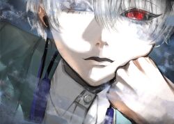 1boy black_sclera buttons clenched_hand collared_shirt colored_sclera commentary_request dated_commentary earbuds earphones eyelashes grey_eyes hand_on_own_chin heterochromia highres jacket kaneki_ken lips long_bangs looking_at_viewer male_focus nose open_mouth parted_lips red_eyes shirt short_hair solo tokyo_ghoul tokyo_ghoul:re white_hair white_shirt yuugen_mizore