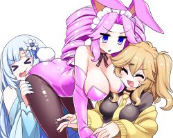 &gt;_&lt; 3girls adapted_costume alternate_costume animal_ears arched_back bent_over black_choker black_pantyhose black_shirt blonde_hair blue_hair blue_nails blush breast_press breasts cardigan cardigan_partially_removed cheek_press choker cleavage closed_eyes commentary_request cramped cropped_shirt drill_hair elbow_gloves face_in_ass frown glaring gloves hand_on_another&#039;s_ass kasukabe_tsumugi large_breasts leotard long_hair looking_at_another maid_headdress mono_(moiky) multiple_girls necktie nervous_smile nervous_sweating one_side_up open_mouth pantyhose pink_gloves pink_hair pink_leotard playboy_bunny purple_eyes pushing_away rabbit_ears rabbit_tail ribbon_choker sagging_breasts shikoku_metan shirt sidelocks smile sweat tail transparent_background triangle_mouth twin_drills utau v-shaped_eyebrows voicevox whitecul yellow_cardigan yellow_necktie