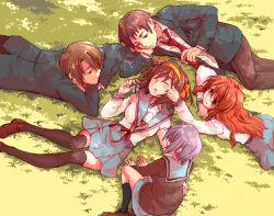 Rule 34 | 2boys, 3girls, asahina mikuru, brown eyes, brown hair, cardigan, cika, grass, grey hair, koizumi itsuki, kyon, long hair, lying, multiple boys, multiple girls, nagato yuki, school uniform, serafuku, short hair, sleeping, suzumiya haruhi, suzumiya haruhi no yuuutsu, thighhighs