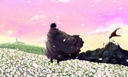 00s 1boy cloak field flower from_behind grave landscape makishi_yaichi male_focus petals planted_sword planted scenery simon_(ttgl) sky solo sword tengen_toppa_gurren_lagann weapon
