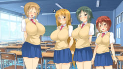 4girls arms_behind_back atsuko_(minami-ke) blonde_hair blush breasts brown_eyes brown_hair chair chalkboard classroom closed_mouth cowboy_shot day embarrassed female_focus green_eyes green_hair hayami_(minami-ke) highres huge_breasts indoors large_breasts legs long_hair looking_at_viewer makarou maki_(minami-ke) matching_hair/eyes medium_breasts minami-ke minami_haruka multiple_girls nose_blush one_eye_closed open_mouth red_eyes red_hair school_uniform short_hair skirt smile standing table thighs window wink yellow_eyes