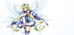 1girl :d angel_wings armor armpits bare_shoulders blonde_hair blue_eyes blush breasts brooch cleavage cleavage_cutout clothing_cutout covered_navel cowboy_shot dual_wielding elbow_gloves exs-tia_spica feathered_wings frilled_skirt frills gem genderswap genderswap_(mtf) gloves gluteal_fold hair_ornament headgear highres holding holding_weapon inoino jewelry katsuragi_shiori kouyoku_senki_exs-tia large_breasts leg_lift leg_up leotard long_hair looking_at_viewer low_twintails lusterise magical_girl mecha_musume medium_breasts multiple_wings official_art open_mouth panties pantyshot pleated_skirt simple_background skirt smile solo standing standing_on_one_leg sword thighhighs tiara twintails underwear very_long_hair weapon white_background white_gloves white_panties white_skirt white_thighhighs white_wings wings