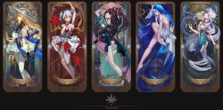 5girls absurdres aqua_dress arm_up armlet armpits ass asymmetrical_clothes back bare_legs black_collar black_eyes black_flower black_gloves blake_bloom_(wuthering_waves) blonde_hair blue_eyes blue_hair blue_nails blue_veil brown_hair camellya_(wuthering_waves) card_(medium) character_name closed_mouth coat collar collarbone colored_eyelashes commentary dress earrings english_commentary feet flower from_side full_body gloves hair_flower hair_ornament hair_ribbon hair_spread_out hand_on_own_face hand_up hat head_tilt heel-less_heels highres holding holding_paintbrush jewelry jinhsi_(wuthering_waves) leg_up legs long_hair long_sleeves looking_ahead looking_at_viewer looking_down multicolored_eyes multicolored_hair multiple_girls nail_polish no_eyewear paintbrush pants pantyhose parted_lips phoebe_(wuthering_waves) pink_eyes purple_eyes red_pupils ribbon shorekeeper_(wuthering_waves) short_hair single_pantsleg sleeveless sleeveless_dress smile steve_zheng streaked_hair tacet_mark_(wuthering_waves) toes two-tone_eyes two-tone_veil veil very_long_hair white_coat white_collar white_dress white_eyes white_hair white_hat white_pants white_pantyhose white_ribbon white_veil wuthering_waves x_hair_ornament zhezhi_(wuthering_waves)