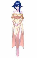 1girl absurdres bakugan bakugan_gundalian_invaders bare_shoulders blue_hair bodystocking breasts closed_mouth collarbone colored_skin dress fabia_sheen fabia_sheen_(neathian) green_eyes highres leiva light_frown looking_at_viewer medium_breasts no_pupils own_hands_together pale_skin pink_skin pointy_ears short_hair solid_eyes solo white_background yellow_dress