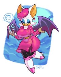 1girl absurdres animal_ears artist_name bat_ears bat_girl bat_wings beret blue_eyeshadow breasts ear_piercing eyeshadow furry furry_female hat highres holding holding_phone jamoart large_breasts makeup open_mouth phone piercing rouge_the_bat signature solo sonic_(series) wings