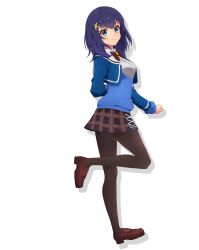 1girl blue_eyes blue_hair full_body hair_ornament highres jacket looking_at_viewer medium_hair official_art pantyhose plaid_clothes plaid_skirt school_uniform shizuka_(world_dai_star) shoes skirt solo standing transparent_background world_dai_star