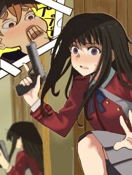 2girls black_hair blue_ribbon brown_eyes brown_hair caught commentary_request cosplay covering_own_mouth dress grey_dress gun handgun highres holding holding_gun holding_weapon indoors inoue_takina laughing long_hair long_sleeves looking_at_viewer lycoris_recoil lycoris_uniform mirror multiple_girls neck_ribbon nishikigi_chisato nishikigi_chisato_(cosplay) open_mouth otome_sakura pleated_dress purple_eyes red_dress reflection ribbon scene_reference squatting sweatdrop tearing_up trigger_discipline two-tone_dress user_fexy5783 weapon