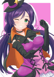 Rule 34 | 1girl, ;), absurdres, aqua eyes, artist name, artist request, black bow, black cape, black capelet, black choker, black gloves, black ribbon, blush, bow, breasts, cape, capelet, choker, cleavage, clenched hand, collarbone, cross-laced clothes, cross-laced dress, dancing stars on me!, dress, elbow gloves, female focus, frill trim, frilled dress, frilled skirt, frills, gloves, green eyes, hair between eyes, hair ornament, hair ribbon, hairclip, hat, highres, long hair, long twintails, looking at viewer, love live!, love live! school idol project, low twintails, medium breasts, mini hat, mini witch hat, one eye closed, orange cape, parted lips, plaid clothes, plaid skirt, pleated, pleated skirt, pointing, pointing at viewer, purple dress, purple hair, purple ribbon, purple skirt, ribbon, skirt, smile, solo, star (symbol), star hair ornament, teeth, tojo nozomi, twintails, two-tone cape, white skirt, witch hat