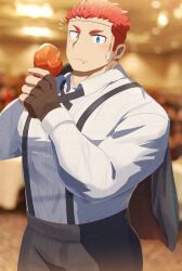 Rule 34 | 1boy, alternate costume, ballroom, bara, blue eyes, blush, collared shirt, cowboy shot, eating, facial hair, food in mouth, heterochromia, highres, indoors, large pectorals, looking at viewer, male focus, muscular, muscular male, pectorals, photo background, pollux (housamo), red hair, sanpaku, shirt, short hair, sideburns, sideburns stubble, solo, standing, stubble, suna sand1, suspenders, tokyo houkago summoners, yellow eyes
