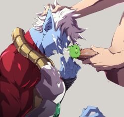 2boys armor blue_skin bodysuit brown_strap censored clenched_teeth closed_eyes colored_skin commentary cum cum_on_body cum_on_fingers cum_on_male cum_on_pectorals cum_on_upper_body dragon_ball dragon_ball_xenoverse facial from_behind gem green_gemstone grey_background grey_wrist_cuffs hand_on_another&#039;s_head hand_on_own_penis hands_up large_pectorals long_sleeves looking_down male_focus male_masturbation masturbation mira_(dragon_ball) multiple_boys muscular muscular_male oguri_shun pectorals pointy_ears red_bodysuit short_hair solo_focus standing strap teeth upper_body white_armor white_hair wrist_cuffs yaoi
