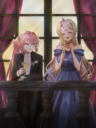 1boy 1girl alcohol astolfo_(fate) black_suit blue_dress bradamante_(fate) braid braided_hair_rings cup curtains dress drinking_glass emblem fate/grand_order fate_(series) formal_clothes hair_intakes hair_rings highres laughing long_hair purple_eyes smile suit table tanutika tuxedo window wine wine_glass