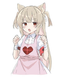 1girl animal_ears apron armband bandaged_arm bandages blush brown_hair cropped_torso fang heart heart_print kemonomimi_mode long_hair looking_at_viewer natori_sana natori_sana_(nurse) open_mouth pink_apron red_armband red_eyes sana_channel sanz_zzz shirt short_sleeves simple_background skin_fang solo virtual_youtuber white_background white_shirt