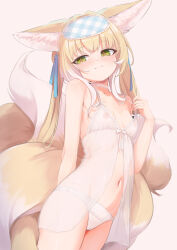 1girl animal_ears arknights blonde_hair blue_ribbon blush bra cameltoe closed_mouth covered_erect_nipples dress flat_chest fox_ears fox_girl green_eyes hair_ribbon highres loli long_hair looking_at_viewer navel nightgown nipples paid_reward_available panties pink_background ribbon see-through_clothes see-through_dress simple_background sleep_mask smile solo standing suzuran_(arknights) underwear white_bra white_fur white_panties yakurope-moko yellow_fur