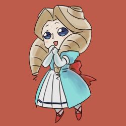 Rule 34 | 1girl, aqua dress, artist request, chibi, commentary request, dress, drill hair, elbow gloves, female focus, gloves, justice gakuen, kirishima yurika, lowres, moero! justice gakuen, pantyhose, red background, red ribbon, red shoes, ribbon, shoes, solo, twin drills, white gloves, white pantyhose