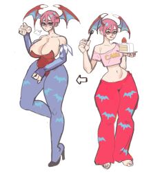 1girl animal_print arm_up barefoot bat_print breast_expansion breasts cake cake_slice capcom celebelian character_doll clenched_hand closed_eyes clothes_writing commentary curvy darkstalkers doll english_commentary feet flat_chest food fork full_body groin head_wings high_heels holding holding_food huge_breasts kurosakinsfw legs licking_lips lilith_(darkstalkers) midriff narrow_waist navel off_shoulder open_mouth pajamas pants pink_hair pink_shirt pubic_hair pubic_hair_peek red_eyes shirt short_hair simple_background small_breasts solo stiletto_heels stomach strawberry_cake stuffed_toy thighs thong tongue tongue_out white_background wide_hips wings